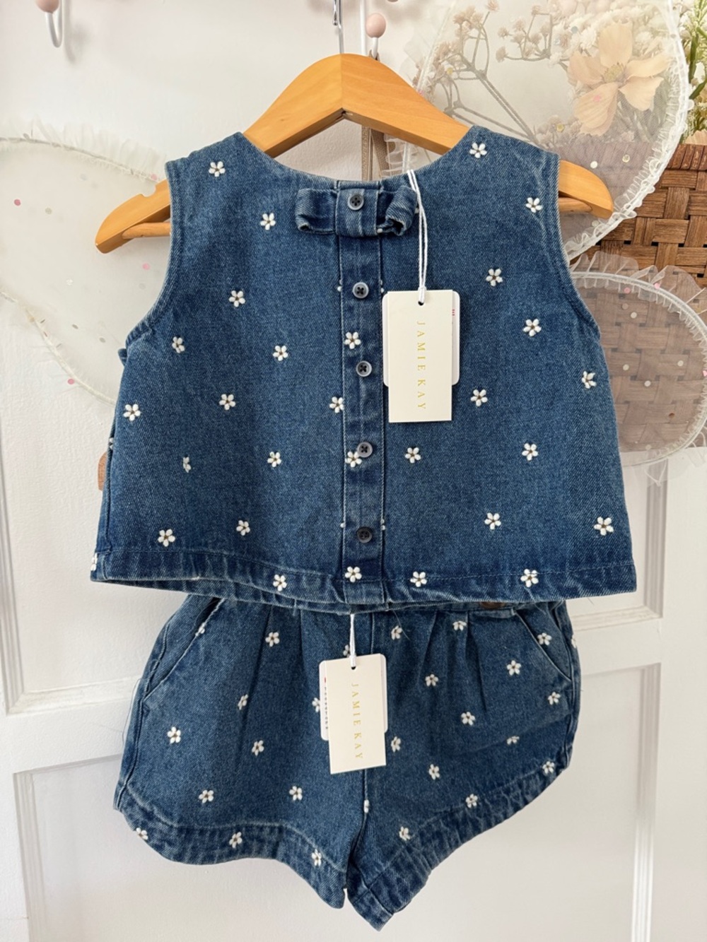 Jamie Kay Josie Etta Dark Blue Denim Daisy Embroidered Tank and Shorts Set